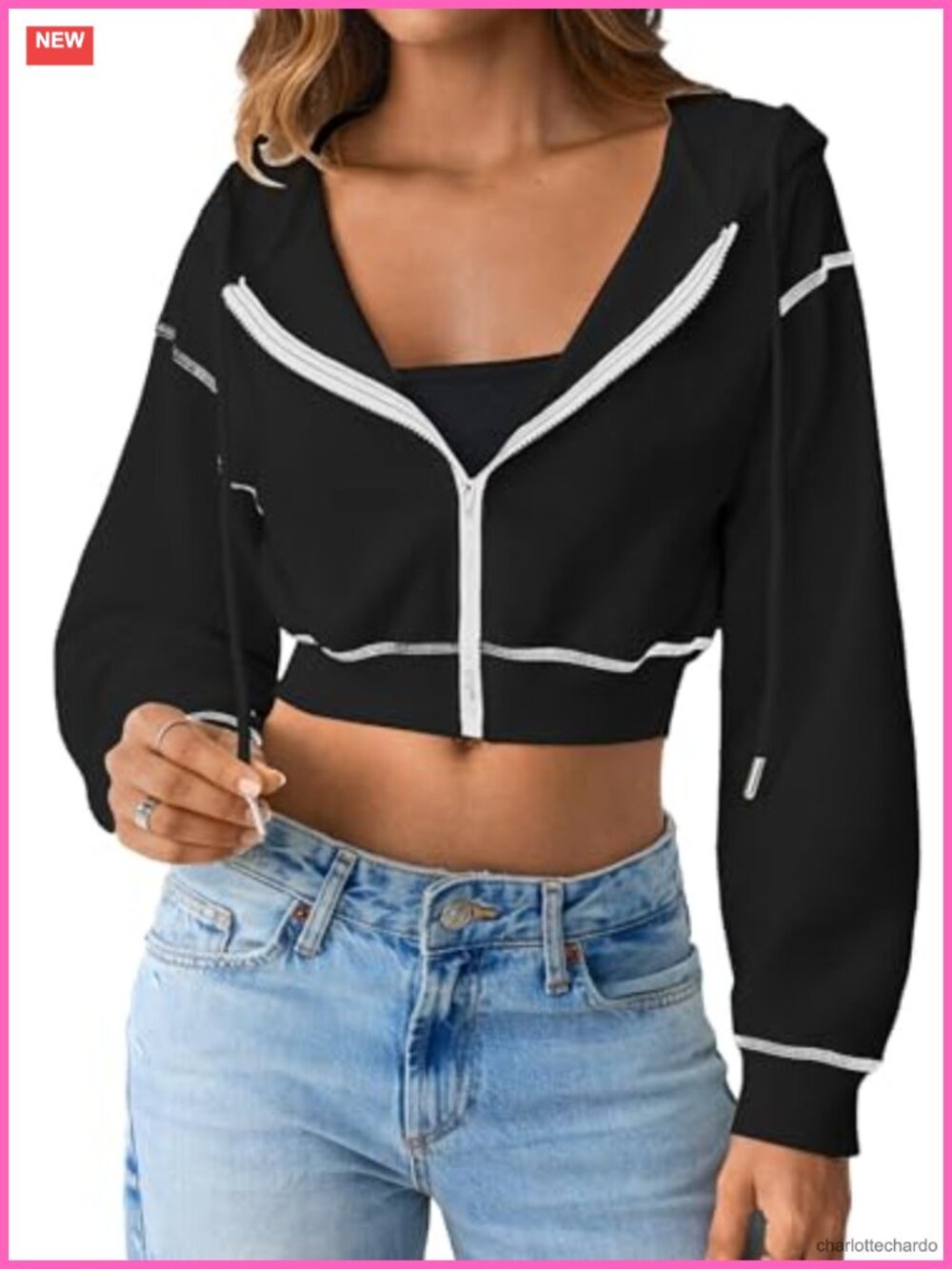 Women's Cropped Zip Up Hoodie Contrast Trim Long Sleeve Jacket Lightweight